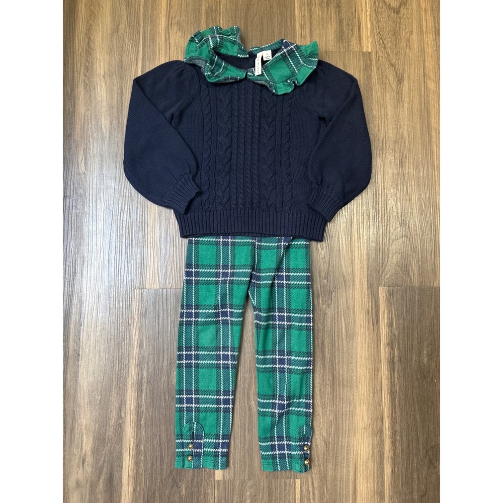 Janie and Jack Sweater Legging Set Girls 3 Green Navy Plaid Cable Knit Ruffle